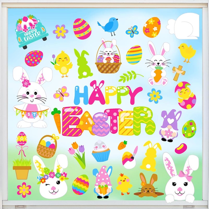 Whaline 9 Sheets Easter Cartoon Window Cling Stickers Colorful Bunny Rabbit Bird Egg Reusable Window Decals for Spring Party Home Classroom Decoration - Image 4